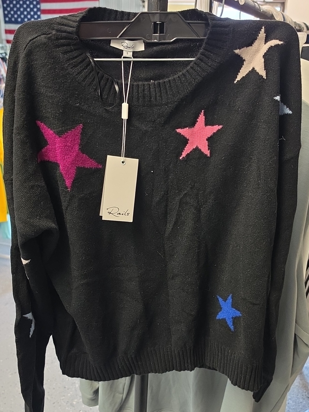 Rails Black Crewneck Sweater with Multicolor Star Motifs